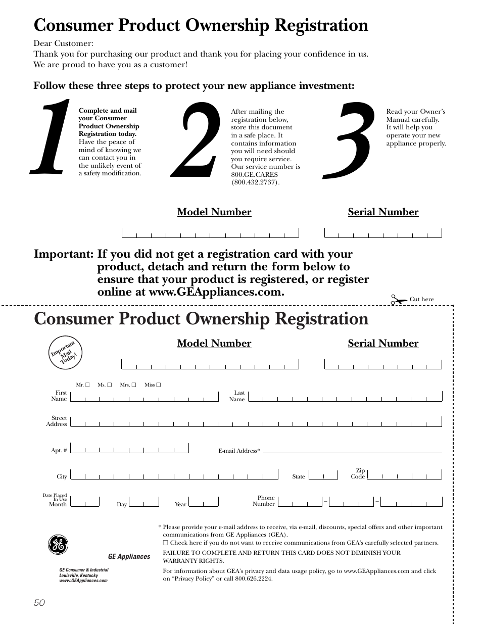 Consumer product ownership registration, Model number serial number | GE Monogram JGBP29 User Manual | Page 50 / 56