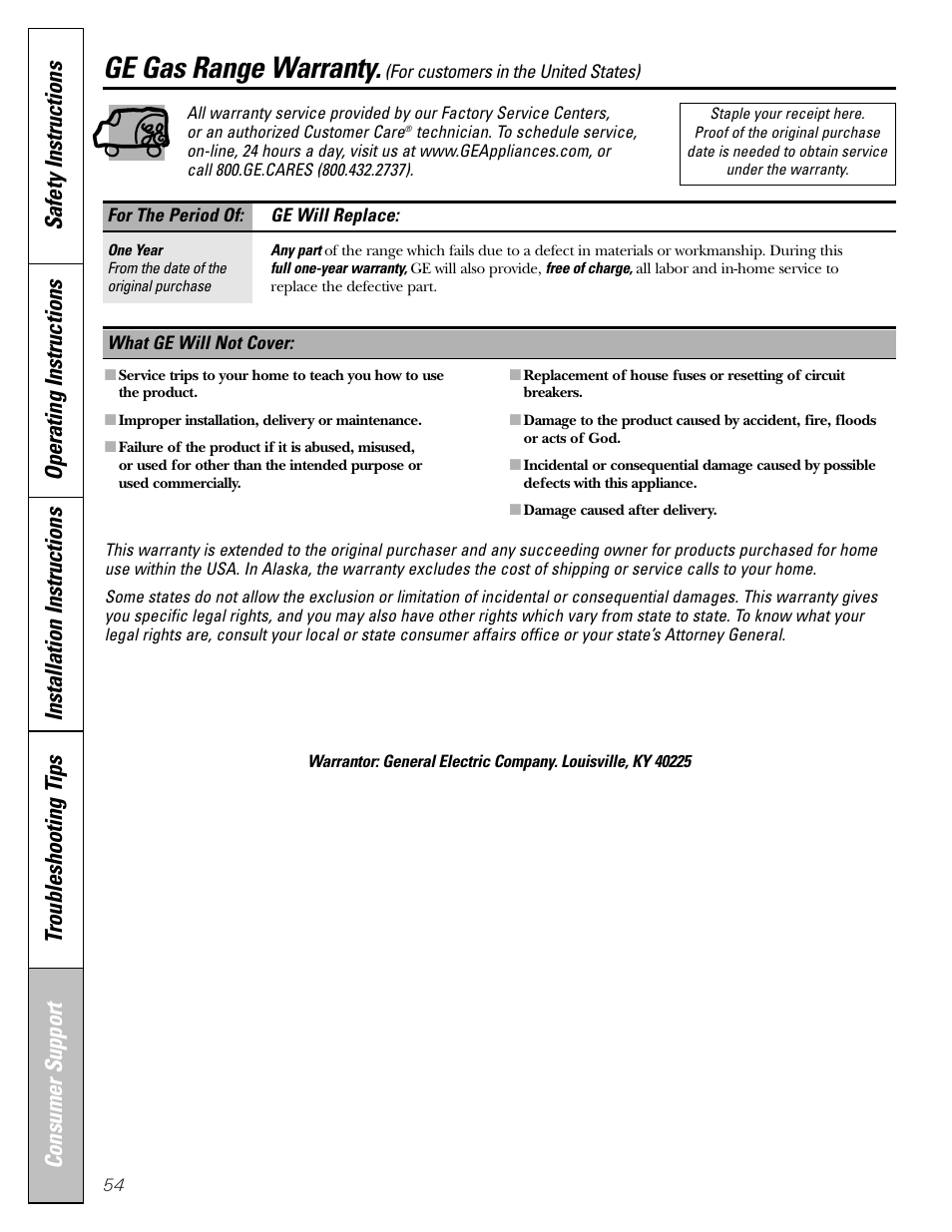 Warranty for customers in the u.s.a, Ge gas range warranty | GE Monogram JGBP29 User Manual | Page 54 / 56