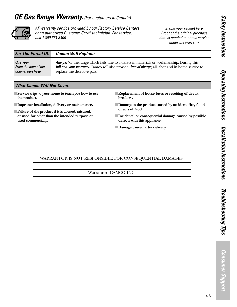 Warranty for customers in canada, Ge gas range warranty | GE Monogram JGBP29 User Manual | Page 55 / 56