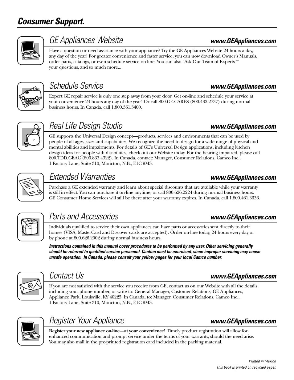 Consumer support, Consumer support . . . . . . . . . .back cover, Ge appliances website | Schedule service, Real life design studio, Extended warranties, Parts and accessories, Contact us, Register your appliance | GE Monogram JGBP29 User Manual | Page 56 / 56