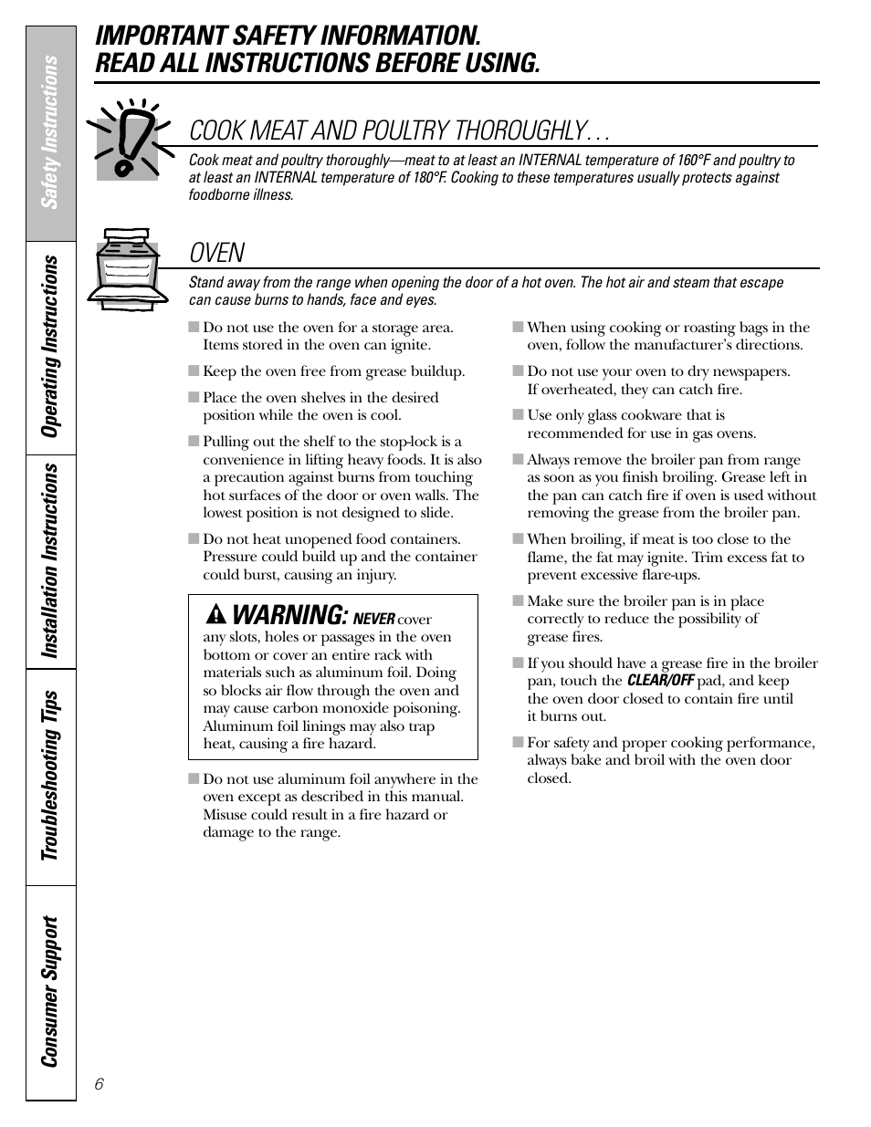 Oven cook meat and poultry thoroughly, Operating instructions | GE Monogram JGBP29 User Manual | Page 6 / 56