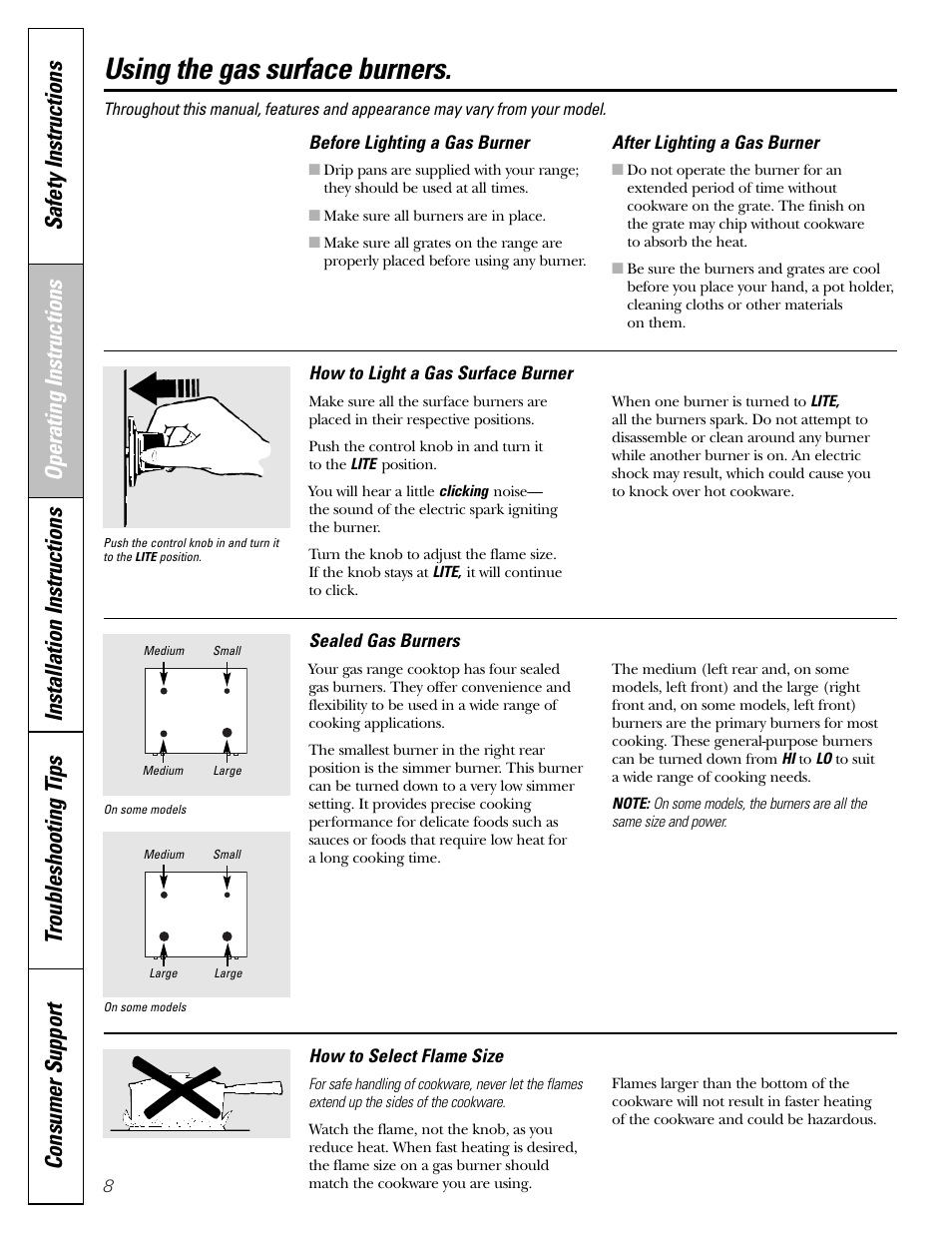 Surface cooking, Surface cooking , 9, Using the gas surface burners | GE Monogram JGBP29 User Manual | Page 8 / 56