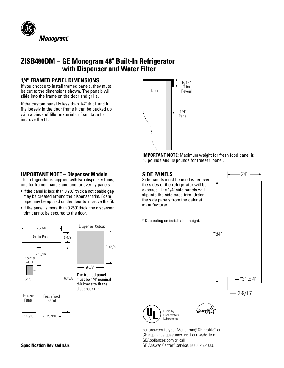Monogram, 1/4" framed panel dimensions, Side panels | GE Monogram MONOGRAM ZISB480DM User Manual | Page 2 / 6