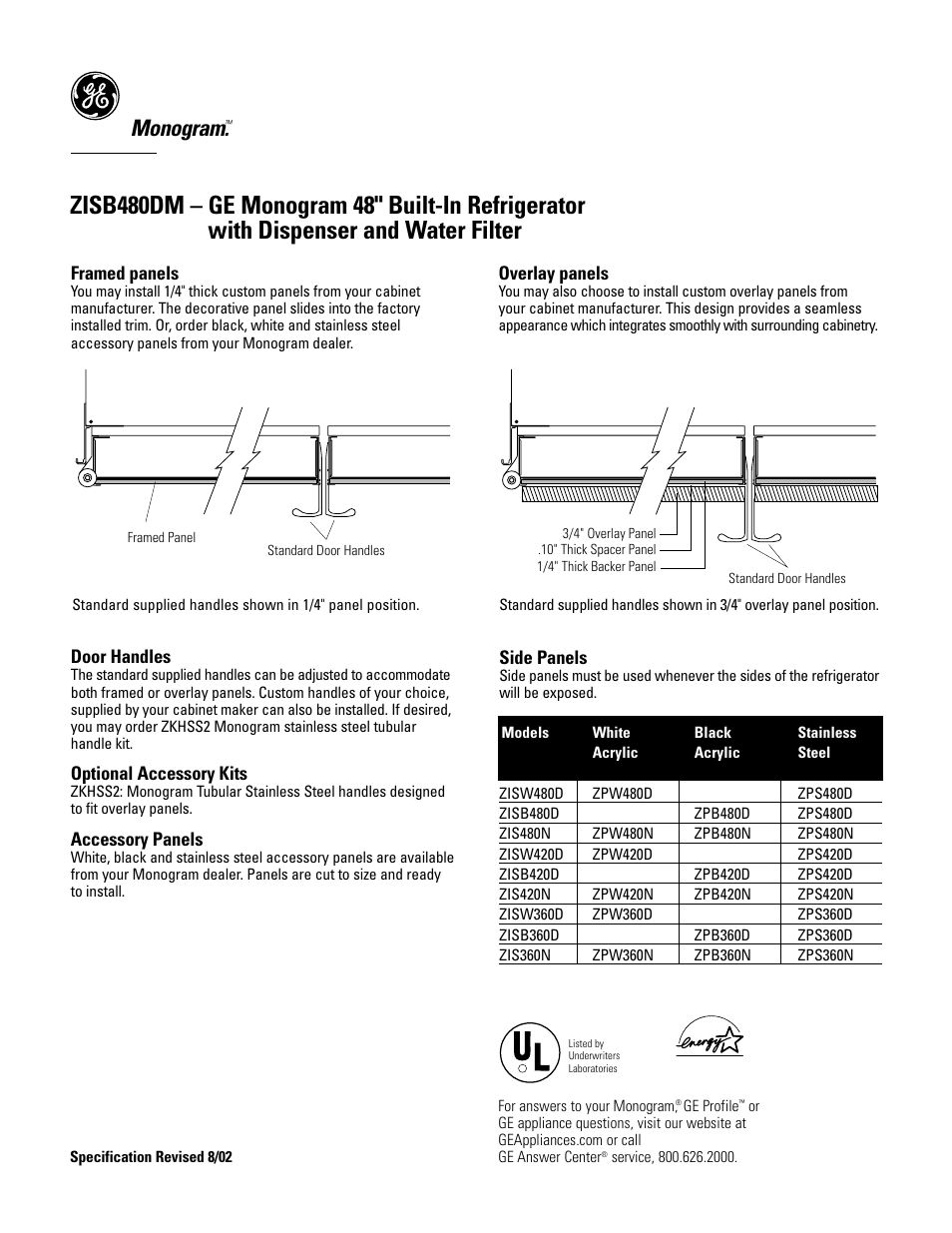 Monogram, Framed panels, Door handles | Optional accessory kits, Accessory panels, Overlay panels, Side panels | GE Monogram MONOGRAM ZISB480DM User Manual | Page 4 / 6