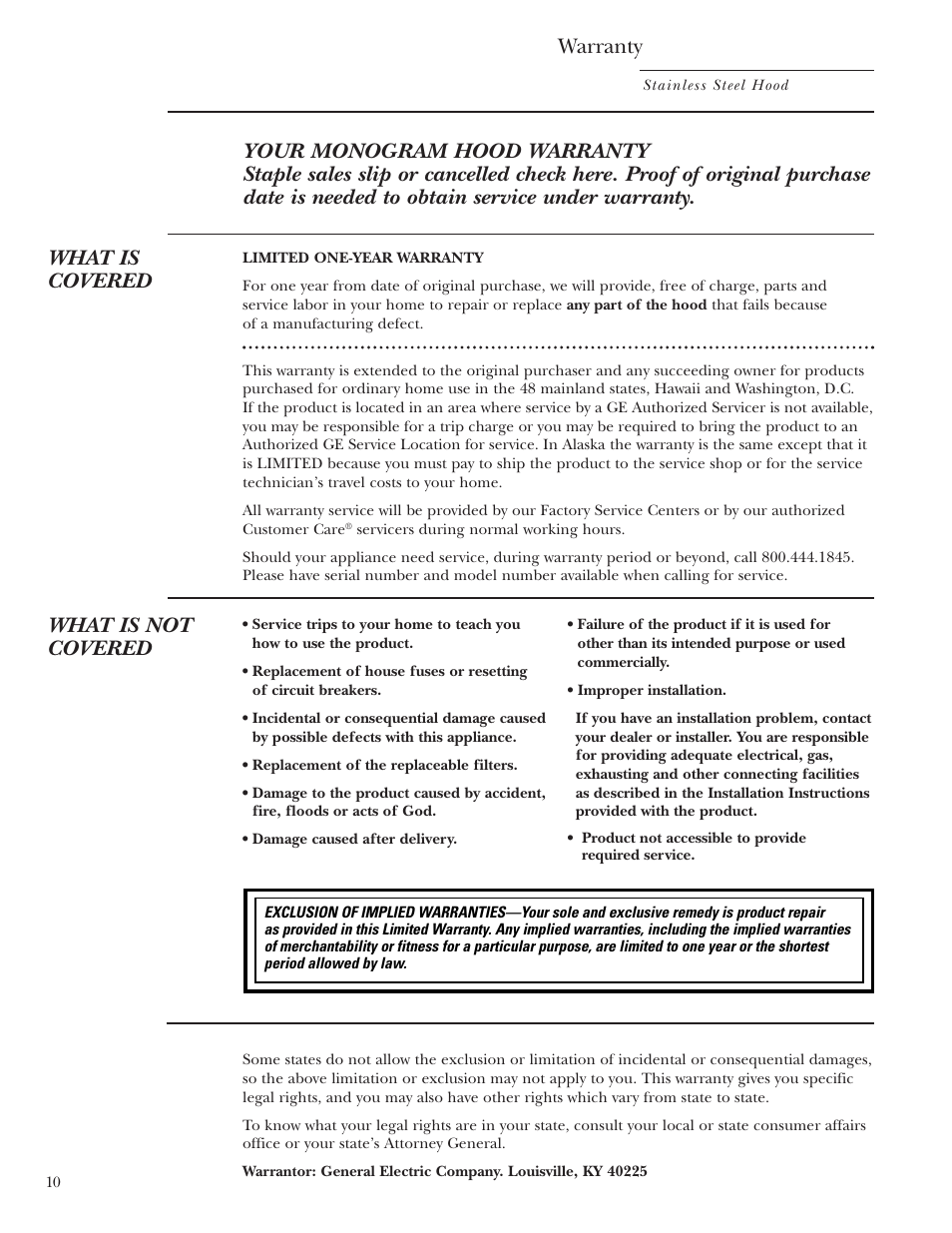 Warranty, What is not covered | GE Monogram ZV1050 User Manual | Page 10 / 12