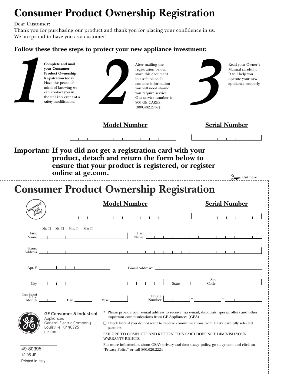 Consumer product ownership registration, Model number serial number | GE Monogram ZV1050 User Manual | Page 12 / 12