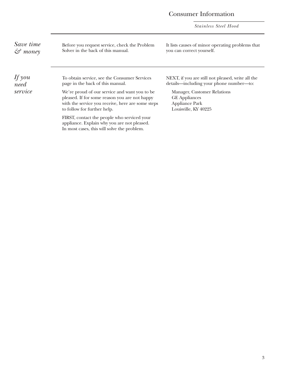 Save time & money, If you need service, Consumer information | GE Monogram ZV1050 User Manual | Page 3 / 12