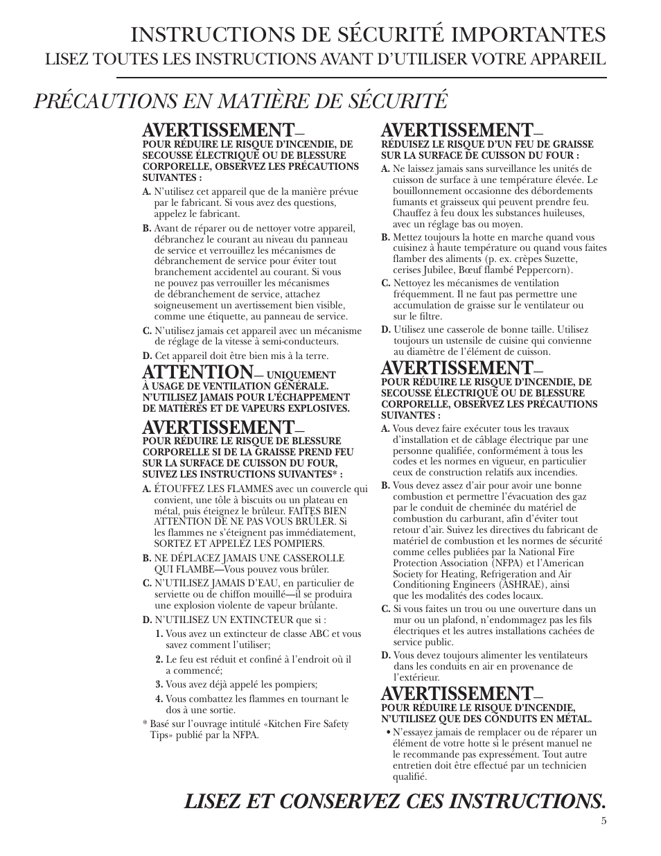 Instructions de sécurité importantes, Avertissement, Attention | GE Monogram ZV1050 User Manual | Page 5 / 12