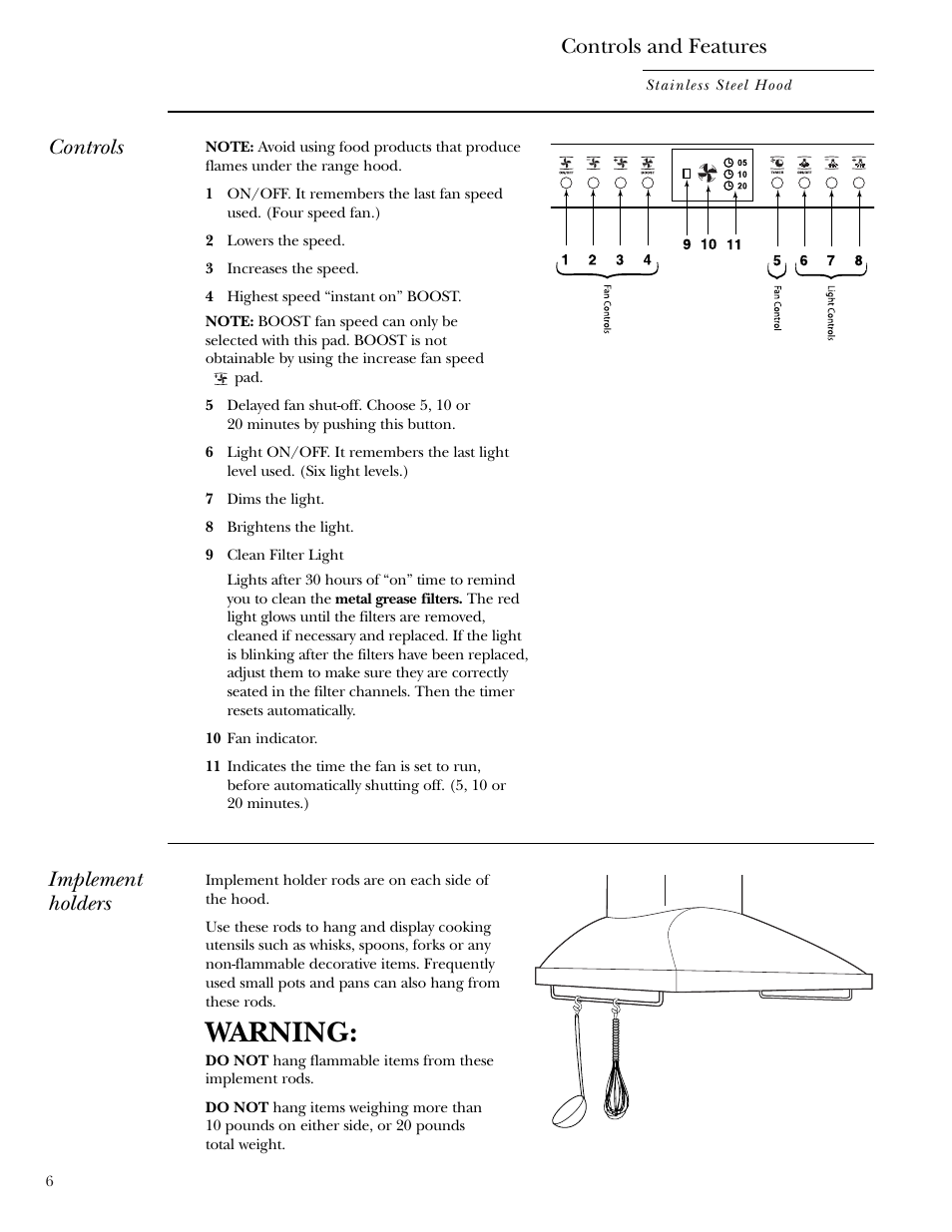 Controls and features, Warning, Controls | Implement holders | GE Monogram ZV1050 User Manual | Page 6 / 12