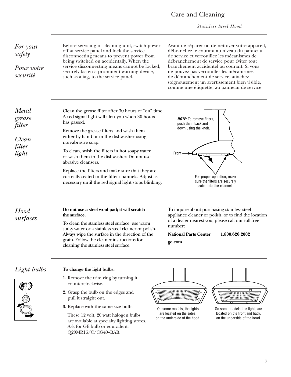 Light bulbs, Metal grease filter, Light bulbs metal grease filter | Care and cleaning, For your safety pour votre securité, Metal grease filter clean filter light, Hood surfaces | GE Monogram ZV1050 User Manual | Page 7 / 12