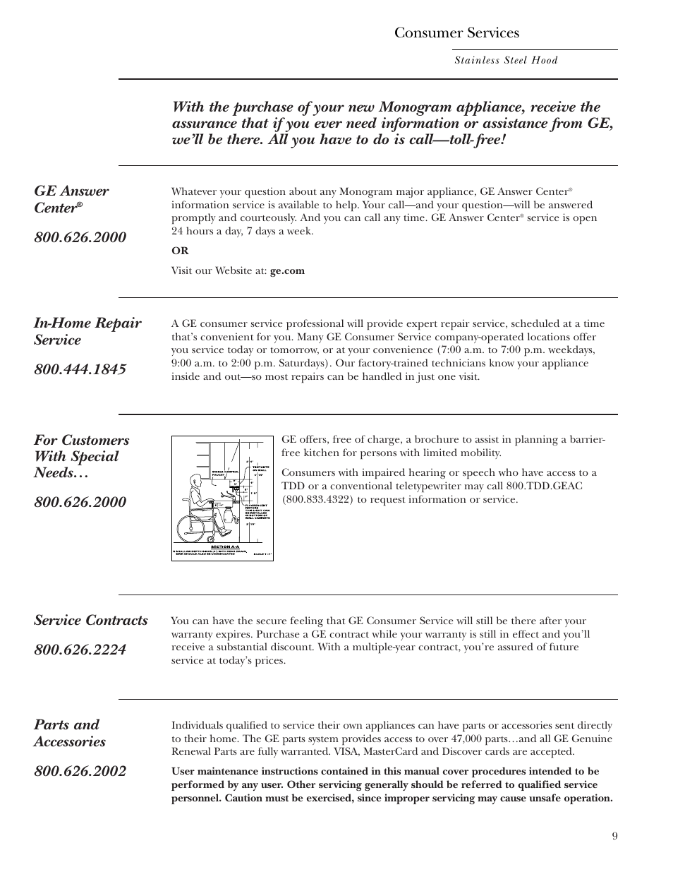 Important phone numbers, Consumer services | GE Monogram ZV1050 User Manual | Page 9 / 12
