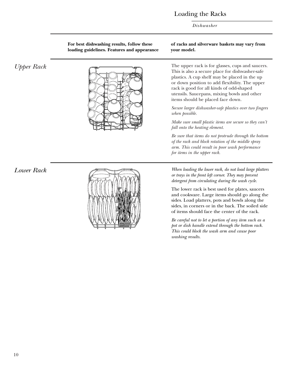 Dishwasher racks, Dishwasher racks , 11, Upper rack | Lower rack, Loading the racks | GE Monogram ZBD1800 User Manual | Page 10 / 24