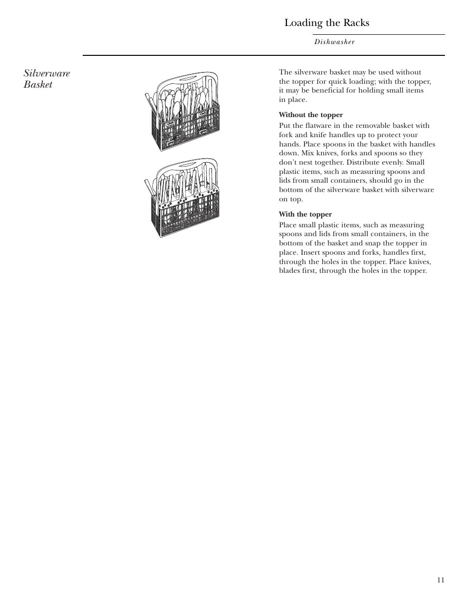 Silverware basket, Loading the racks | GE Monogram ZBD1800 User Manual | Page 11 / 24