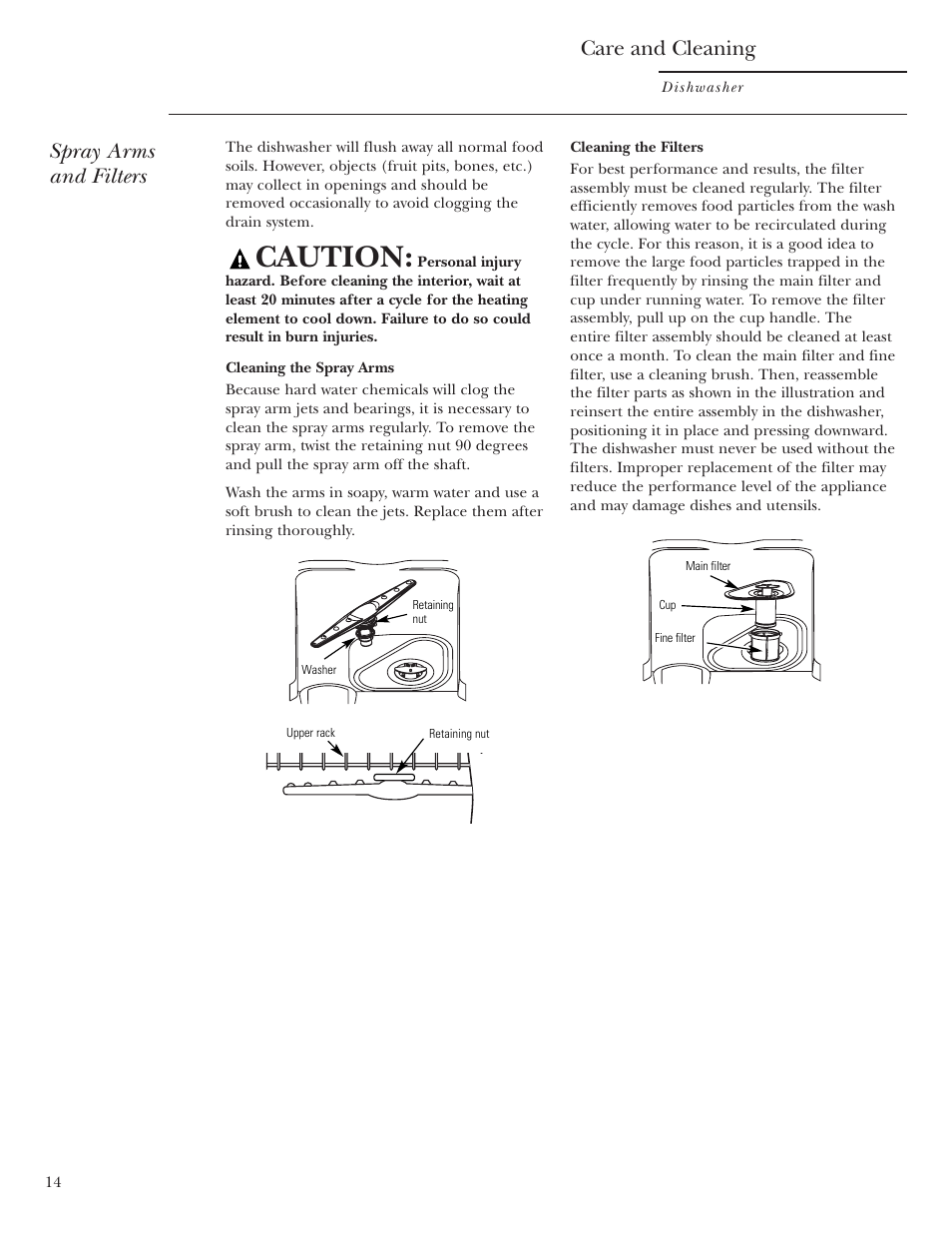 Caution, Care and cleaning, Spray arms and filters | GE Monogram ZBD1800 User Manual | Page 14 / 24