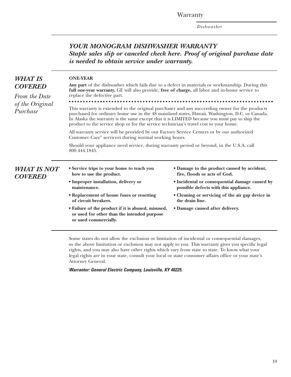 What is not covered, Warranty | GE Monogram ZBD1800 User Manual | Page 19 / 24