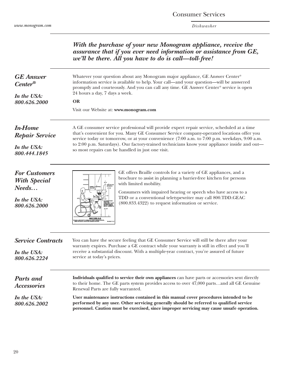 Consumer services, In-home repair service, Service contracts | Parts and accessories, For customers with special needs | GE Monogram ZBD1800 User Manual | Page 20 / 24