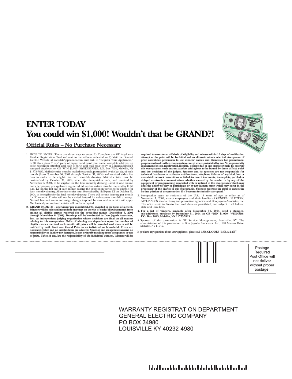 You could win $1,000! wouldn’t that be grand, Enter today, Official rules – no purchase necessary | GE Monogram ZBD1800 User Manual | Page 23 / 24