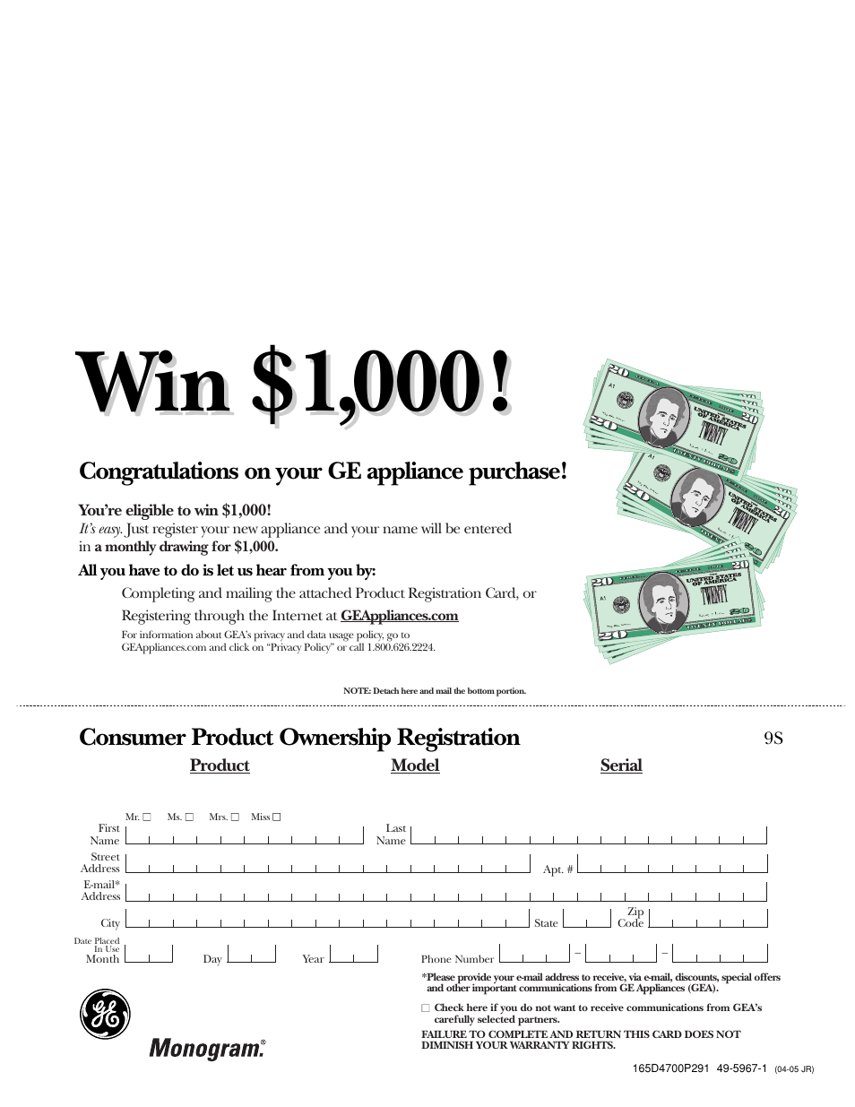 Win $1,000 | GE Monogram ZBD1800 User Manual | Page 24 / 24