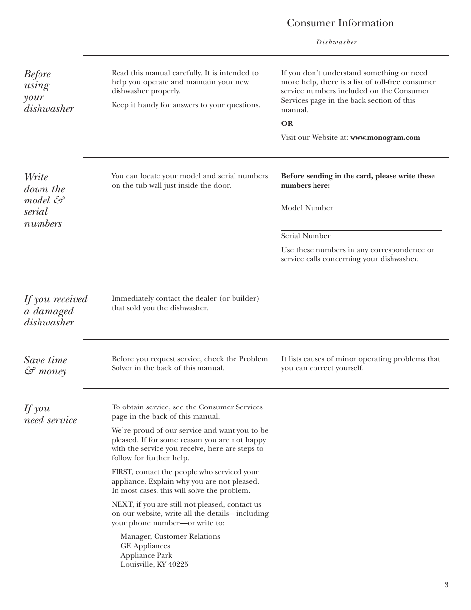 Appliance registration, Consumer services, Model and serial number location | Appliance registration , 23, 24, Consumer services , 19, Consumer information, Before using your dishwasher, Write down the model & serial numbers, If you received a damaged dishwasher, Save time & money | GE Monogram ZBD1800 User Manual | Page 3 / 24