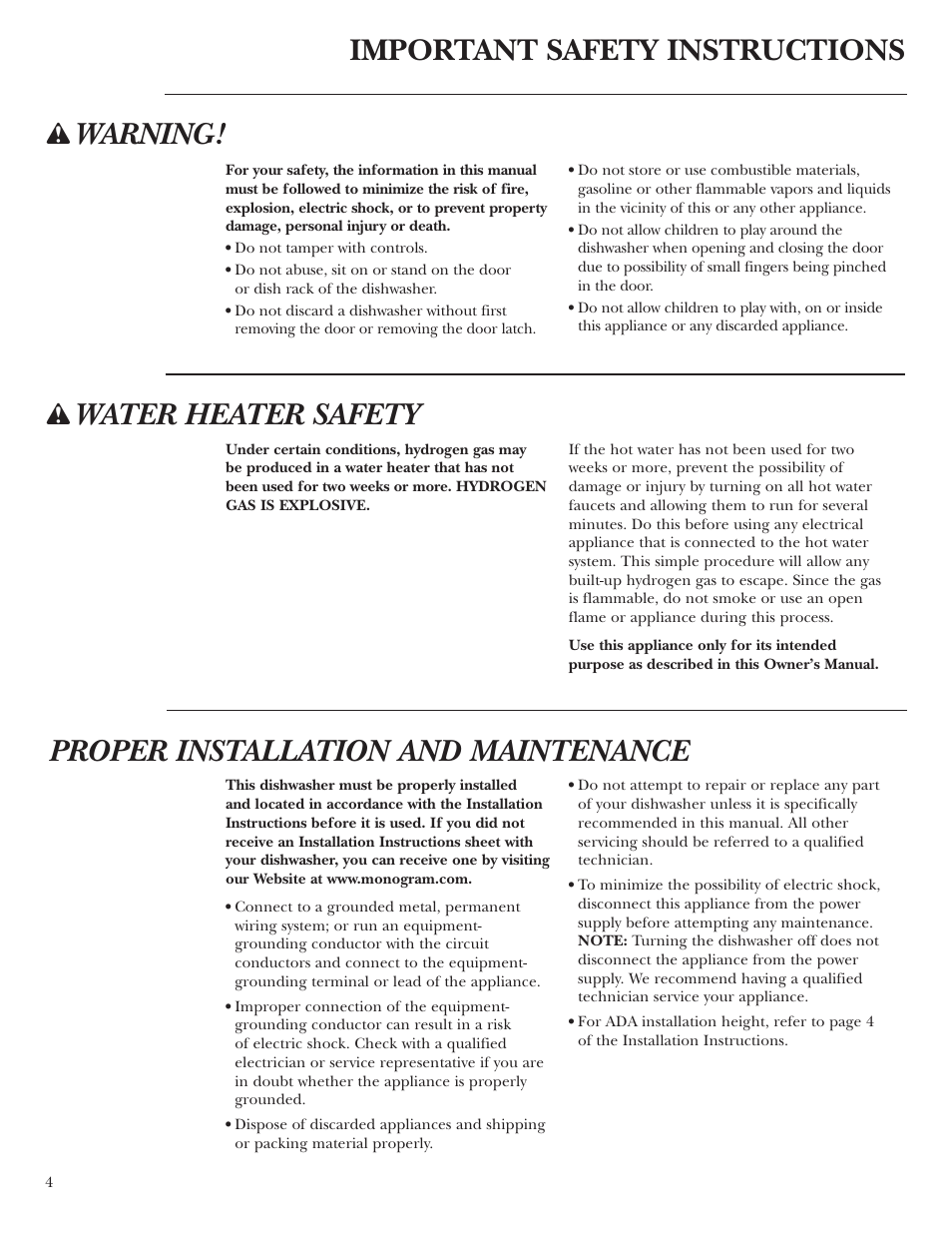 Safety instructions, Safety instructions , 5, Important safety instructions | Warning, Water heater safety, Proper installation and maintenance | GE Monogram ZBD1800 User Manual | Page 4 / 24