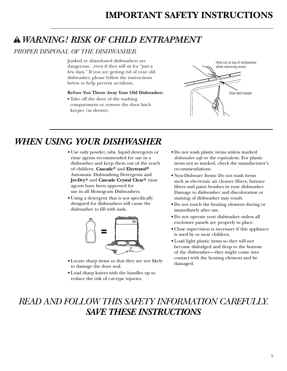 Warning! risk of child entrapment, Proper disposal of the dishwasher | GE Monogram ZBD1800 User Manual | Page 5 / 24