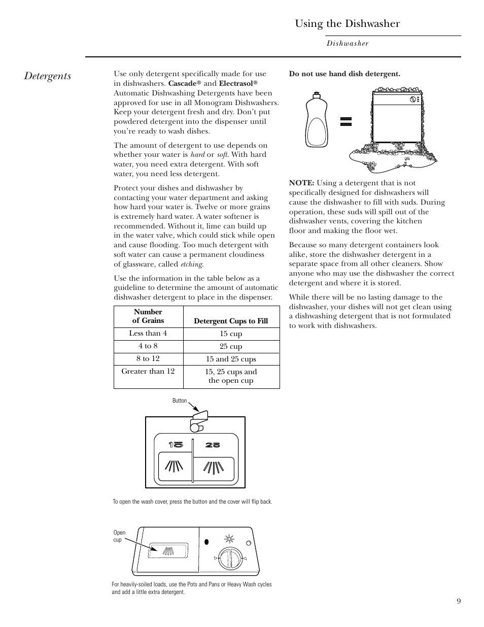 Detergents, Using the dishwasher | GE Monogram ZBD1800 User Manual | Page 9 / 24