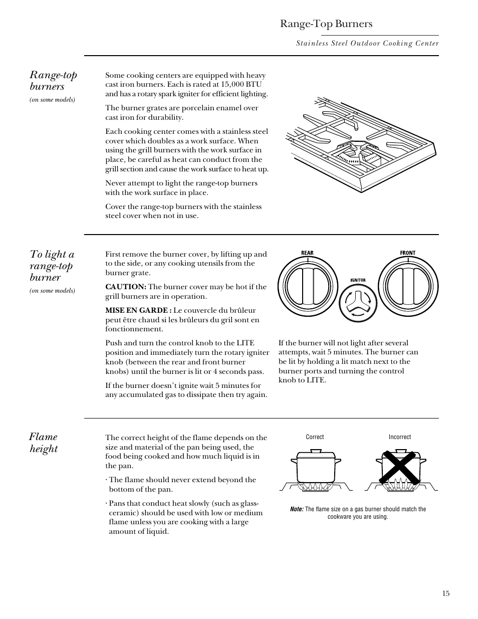 Range-top burners, Flame height | GE Monogram Outdoor Cooking Center 36 User Manual | Page 15 / 32