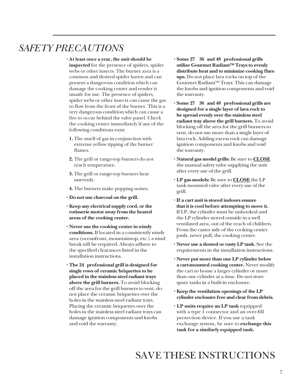 Save these instructions, Safety precautions | GE Monogram Outdoor Cooking Center 36 User Manual | Page 7 / 32