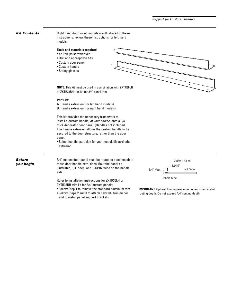 Zkhtr1 trim kit (for 3/4" panels), Support for custom handles -28 | GE Monogram ZIF36N RH User Manual | Page 26 / 40