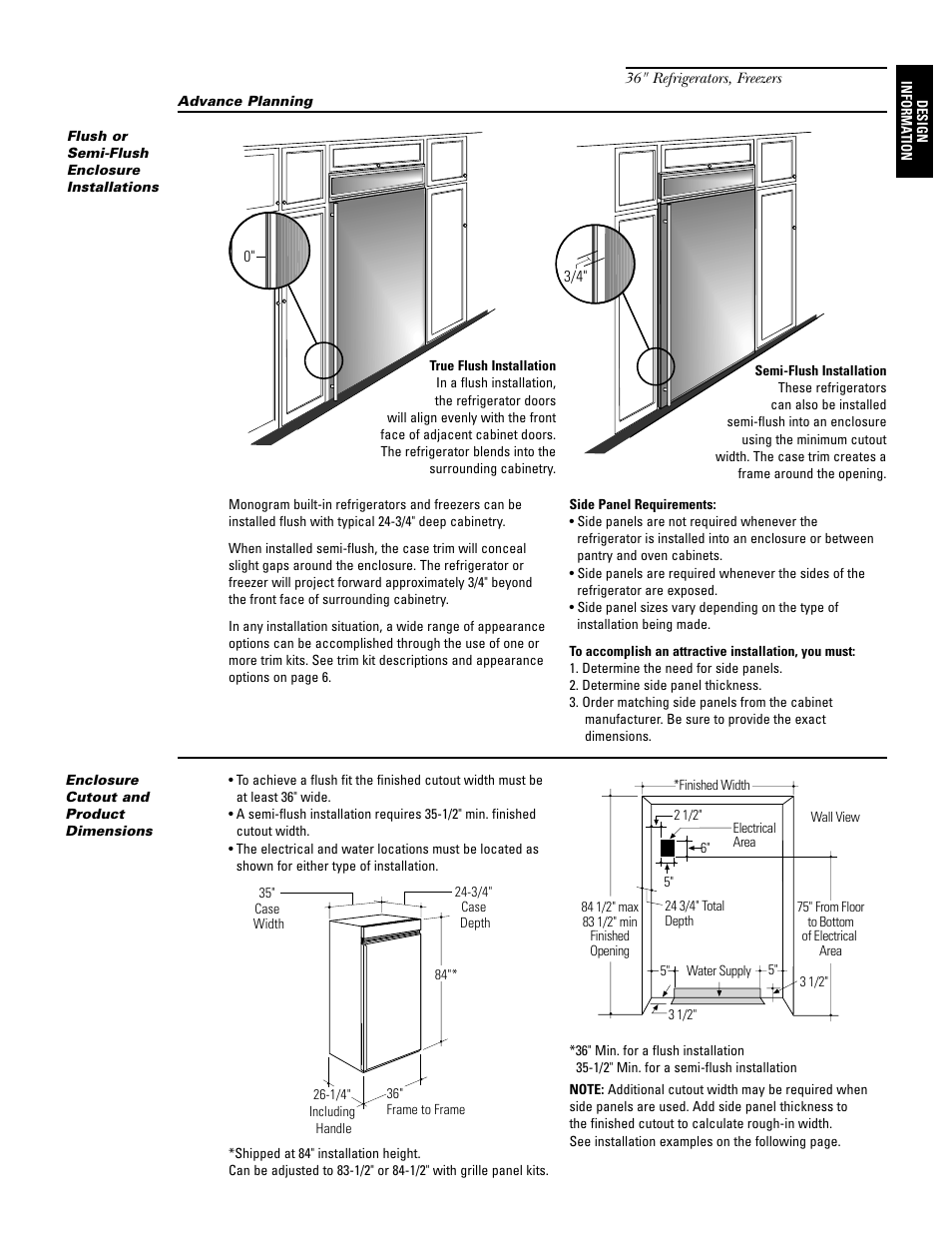 Flush or semi-flush enclosure installations, Enclosure cutout and product dimensions, Zkhr1 trim kit (for 1/4" panels) | Support for custom handles -21, Design information | GE Monogram ZIF36N RH User Manual | Page 3 / 40