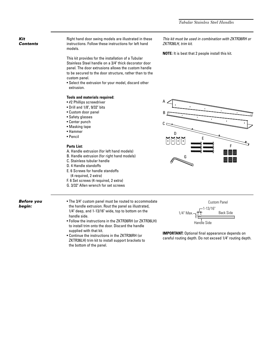 Zkhtrss1 trim kit (for 3/4" panels), Tubular stainless steel handles -34, Zkhtrss1 (for 3/4" panels) | GE Monogram ZIF36N RH User Manual | Page 33 / 40