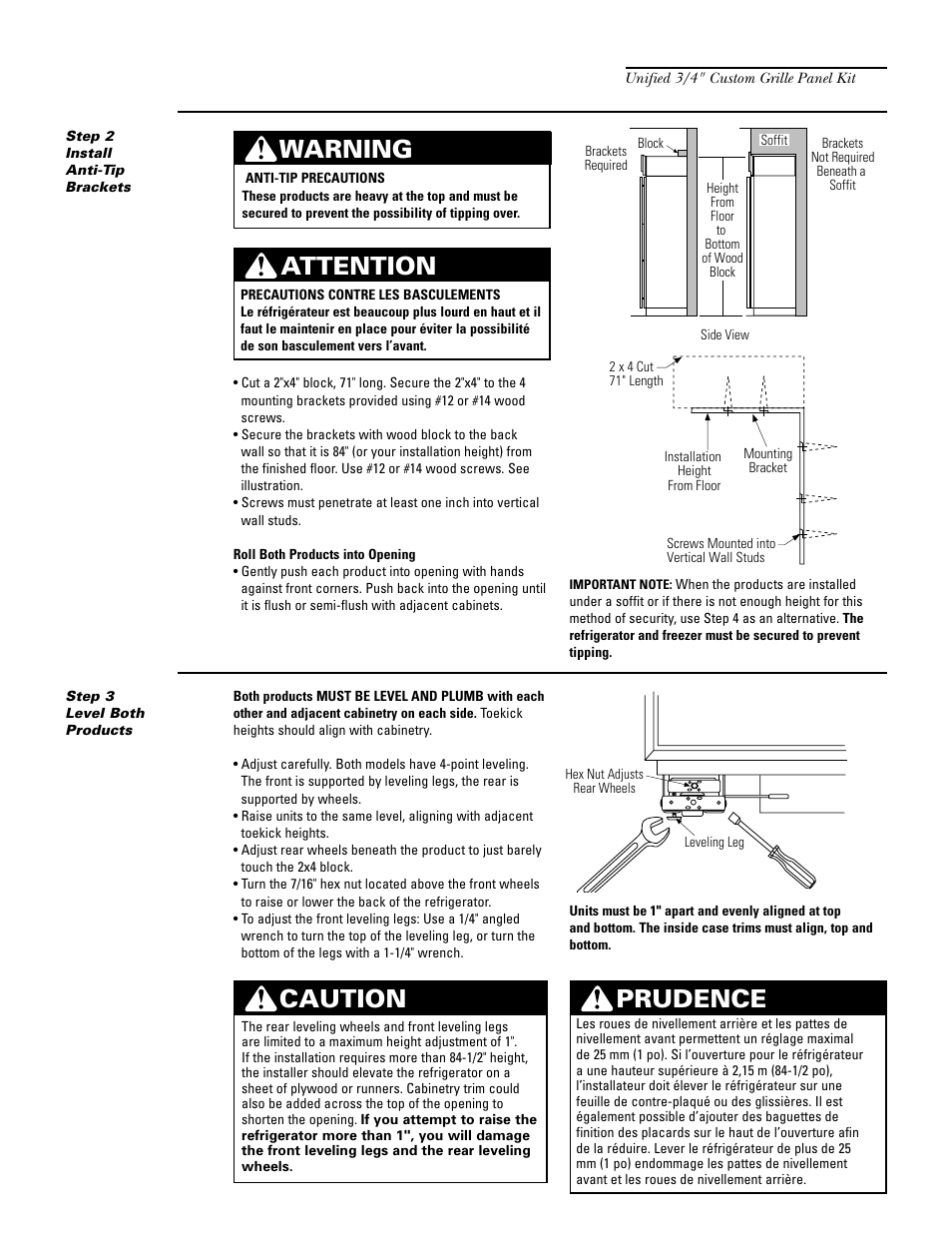 Caution prudence, Attention, Warning | Zug75 trim kit | GE Monogram ZIF36N RH User Manual | Page 36 / 40