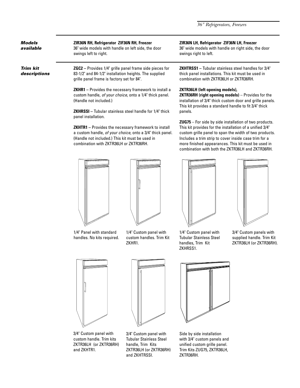 Models available, Advance planning appearance options, Trim kit descriptions | Design information | GE Monogram ZIF36N RH User Manual | Page 6 / 40