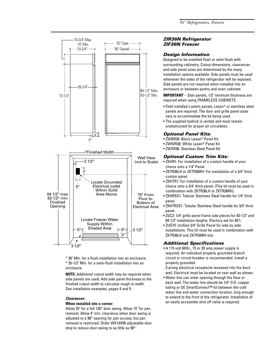 Product and cutout information, Custom panel dimensions | GE Monogram ZIF36N RH User Manual | Page 7 / 40