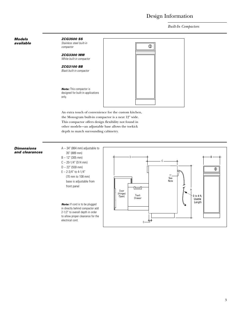 Models available, Dimensions and clearances, Models available dimensions and clearances | Design information | GE Monogram MONOGRAM ZCG3100 User Manual | Page 3 / 16