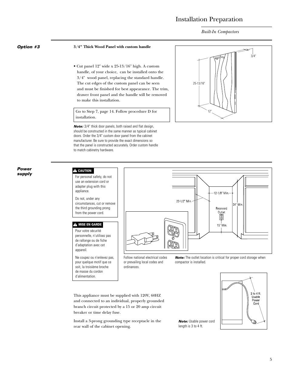 Option 3: 3/4" thick wood panel with custom handle, Power supply, Installation preparation | GE Monogram MONOGRAM ZCG3100 User Manual | Page 5 / 16