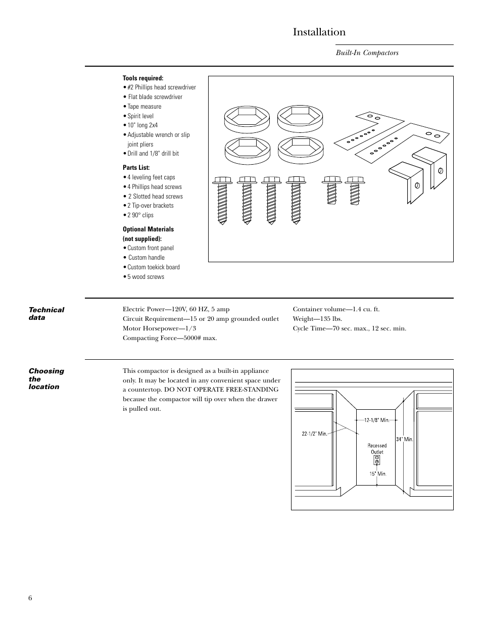 Technical data, Choosing the location, Technical data choosing the location | Installation | GE Monogram MONOGRAM ZCG3100 User Manual | Page 6 / 16