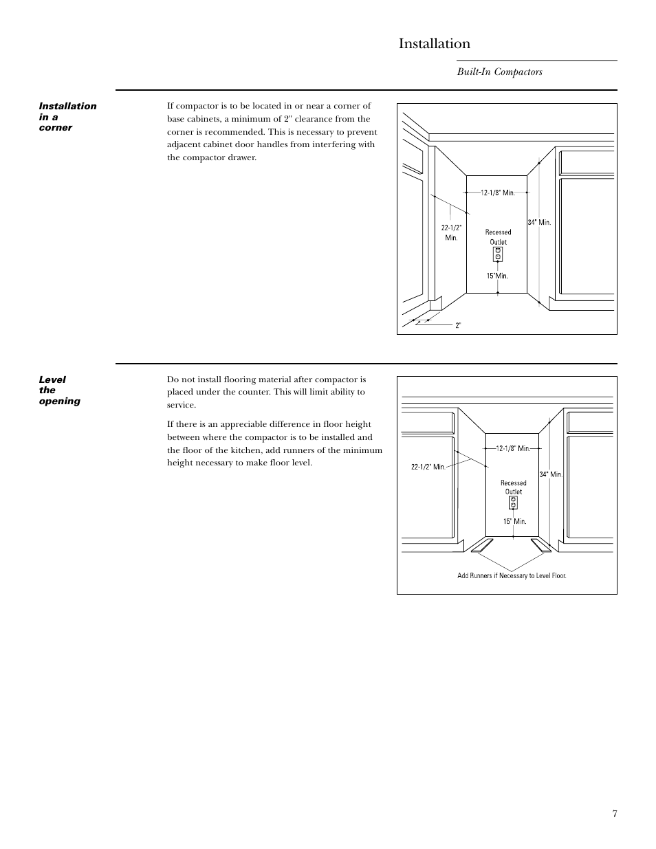 Installation in a corner, Level the opening, Installation in a corner level the opening | Installation | GE Monogram MONOGRAM ZCG3100 User Manual | Page 7 / 16