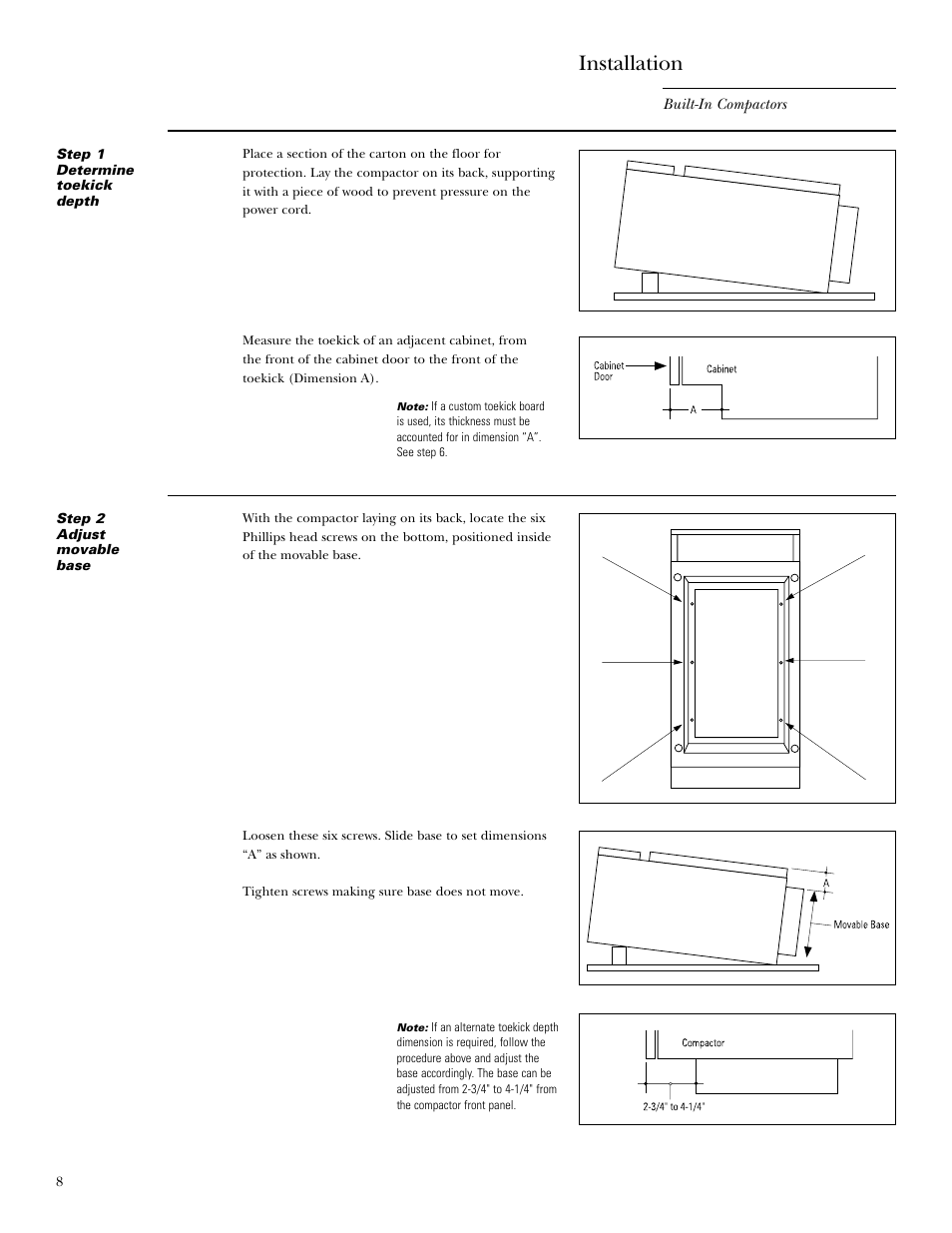 Step 1 determine toekick depth, Step 2 adjust movable base, Installation | GE Monogram MONOGRAM ZCG3100 User Manual | Page 8 / 16