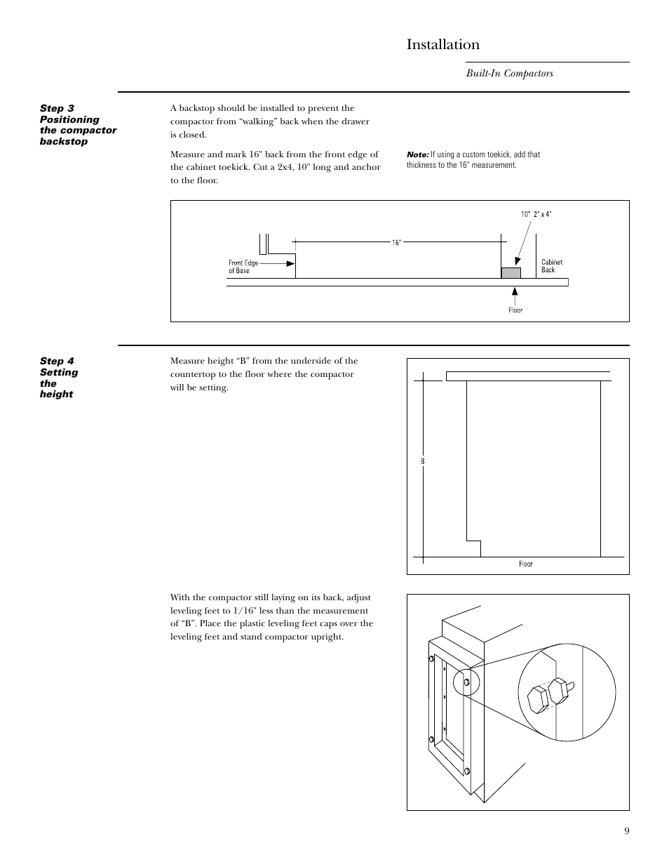 Step 3 positioning the compactor backstop, Step 4 setting the height, Installation | GE Monogram MONOGRAM ZCG3100 User Manual | Page 9 / 16