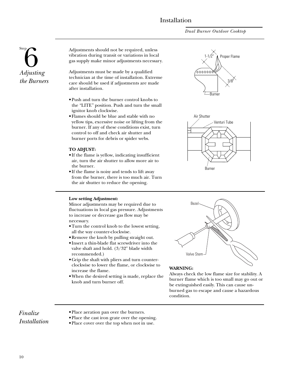 Installation, Adjusting the burners, Finalize installation | GE Monogram ZX2L SS User Manual | Page 10 / 12