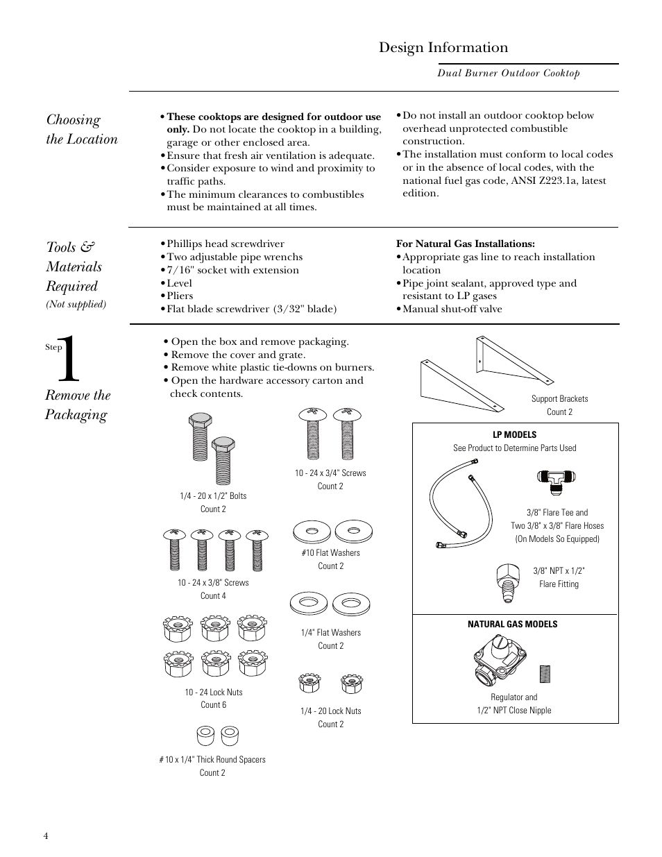 Design information, Choosing the location, Tools & materials required | Remove the packaging | GE Monogram ZX2L SS User Manual | Page 4 / 12