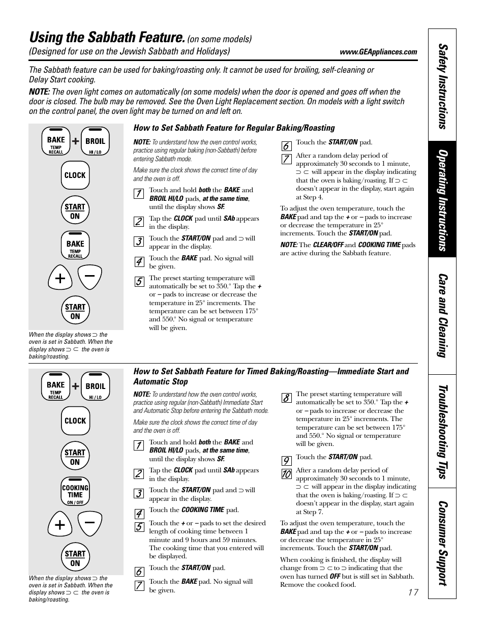 Sabbath feature, Sabbath feature , 18, Using the sabbath feature | GE Monogram JBP65 User Manual | Page 17 / 32
