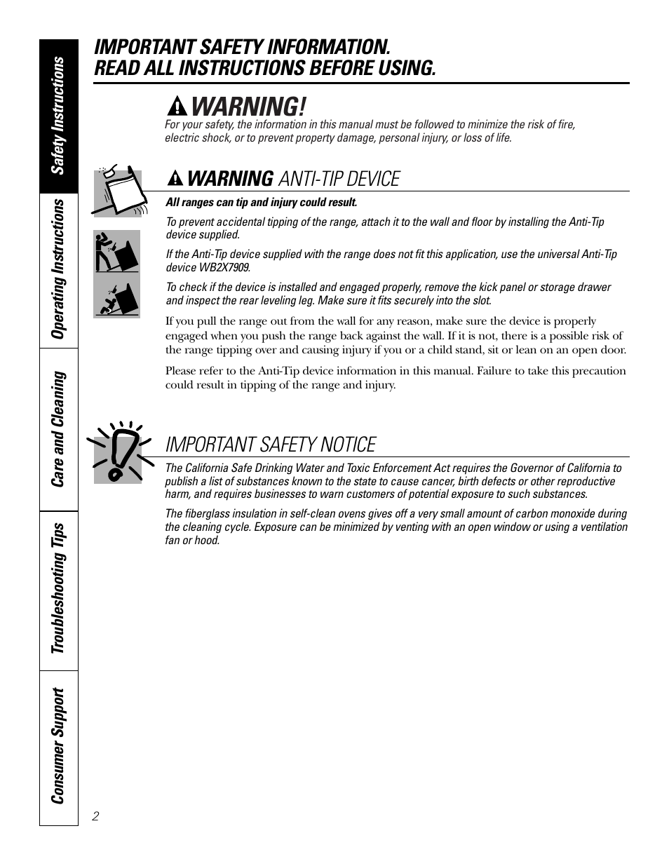 Safety instructions, Warning, Anti-tip device important safety notice | GE Monogram JBP65 User Manual | Page 2 / 32