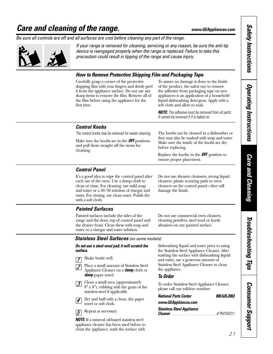 Control knobs, Care and cleaning of the range | GE Monogram JBP65 User Manual | Page 21 / 32