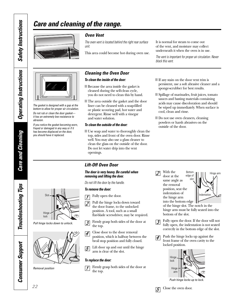 Lift-off oven door, Care and cleaning of the range | GE Monogram JBP65 User Manual | Page 22 / 32