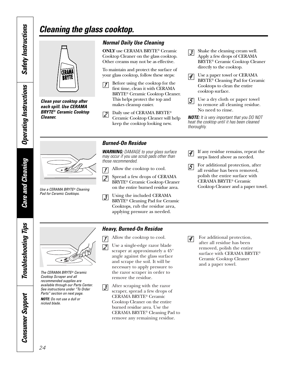 Glass cooktop, Glass cooktop , 25, Cleaning the glass cooktop | GE Monogram JBP65 User Manual | Page 24 / 32
