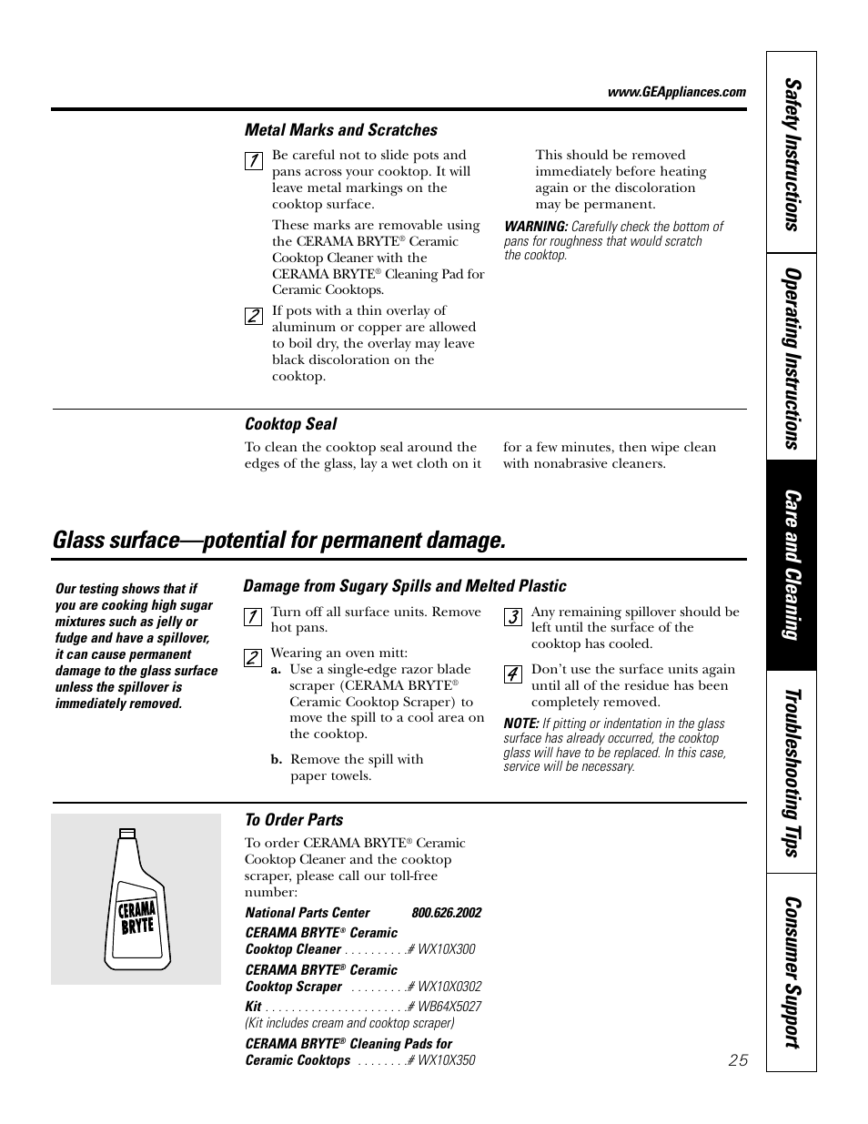 Glass surface—potential for permanent damage | GE Monogram JBP65 User Manual | Page 25 / 32
