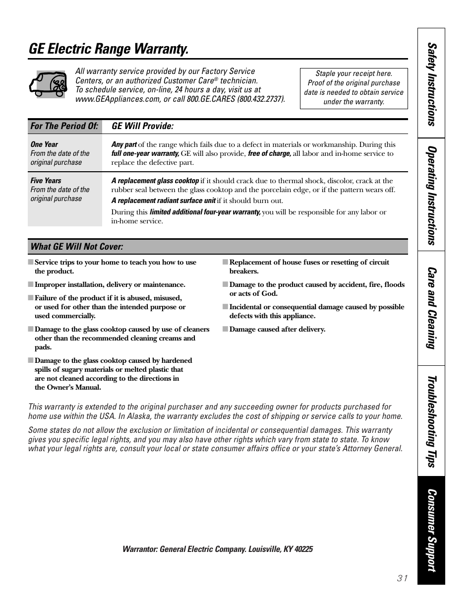 Warranty, Ge electric range warranty | GE Monogram JBP65 User Manual | Page 31 / 32