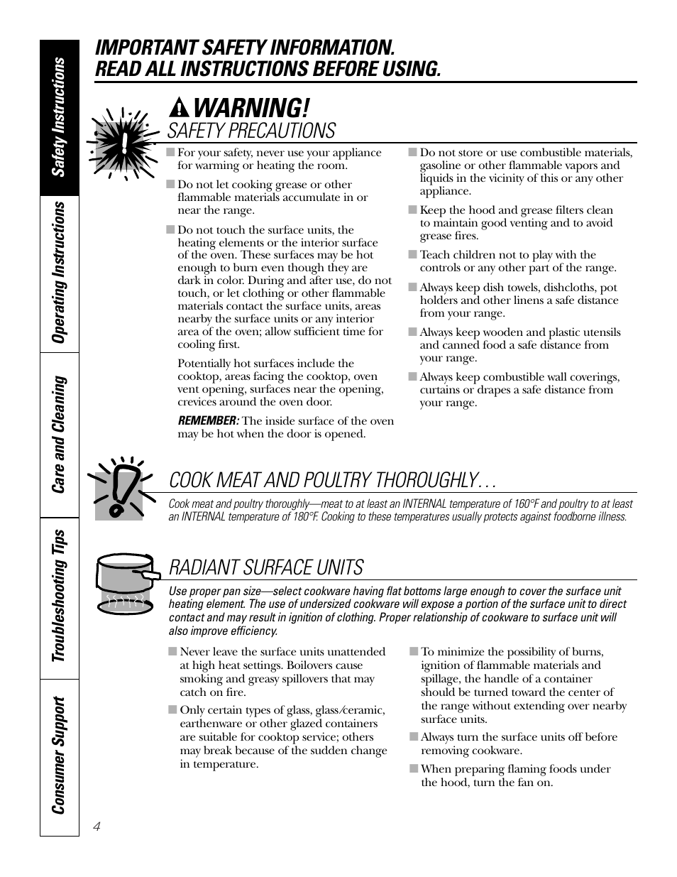 Warning, Safety precautions, Cook meat and poultry thoroughly | Radiant surface units | GE Monogram JBP65 User Manual | Page 4 / 32